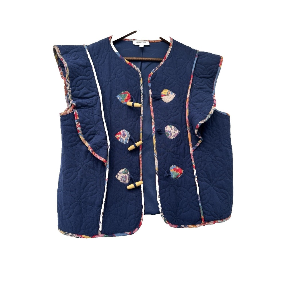 &merci Quilted Toggle Detailed Vest Navy artsy ruffle grannie cottage unique L